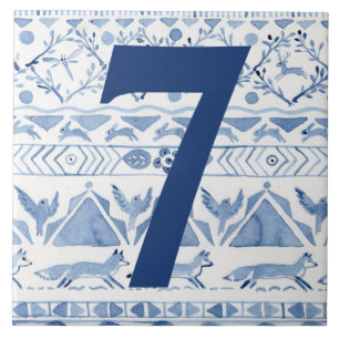 Blue Woodland Animal Ikat House Adres nummer 7 Tegeltje