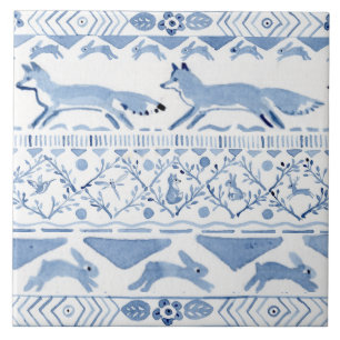 Blue Woodland Animal Ikat Pattern Fox versie 3 Tegeltje