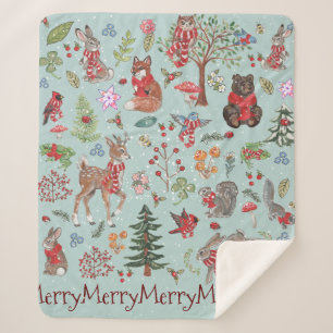 Blue Woodland Animal Winter Sneeuwkerstkind Sherpa Deken