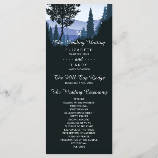 Blue Woodland Forest, rustieke bruiloft Programma (Voorkant)