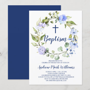 Blue Wreath Baby Boy Baptism Invitation