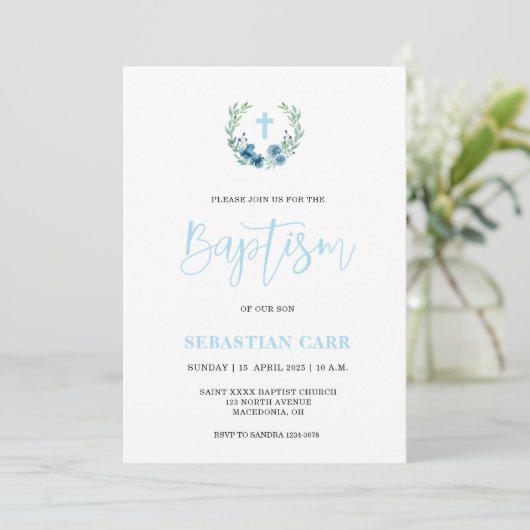 Blue Wreath Floral Boy Doop uitnodiging (Staand voorkant)