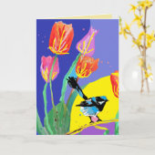 Blue Wren Australie porte la carte d'anniversaire (Fleur jaune)