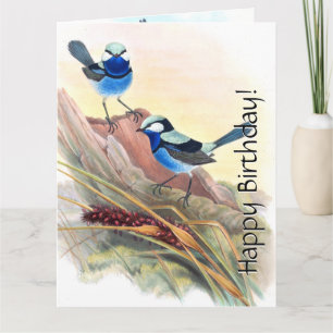 Blue Wren Birds Floral Wildlife Flowers Verjaardag Kaart