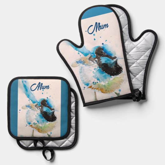 Blue Wren Wrens Aquarel Blauwgroen Blauw Australis Ovenwant & Pannenlap Set (Voorkant / Achterkant)