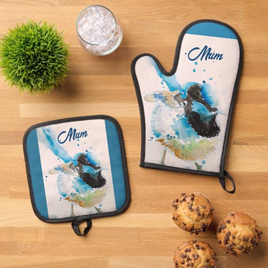 Blue Wren Wrens Aquarel Blauwgroen Blauw Australis Ovenwant & Pannenlap Set (Top down)