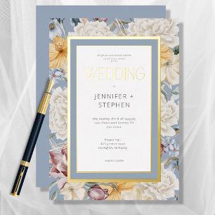 Blue Yellow and White Floral Wedding Gold Folie Uitnodiging