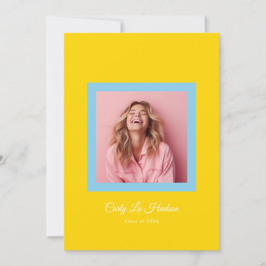 Blue Yellow Bold Minimal High School Photo Grad Aankondiging (Voorkant)