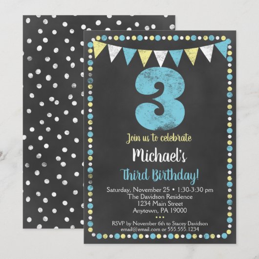 Blue Yellow Chalkboard 3Birthday Invitation Kaart (Voorkant / Achterkant)