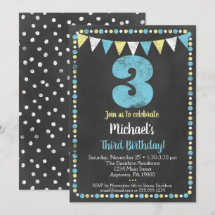 Blue Yellow Chalkboard 3Birthday Invitation Kaart