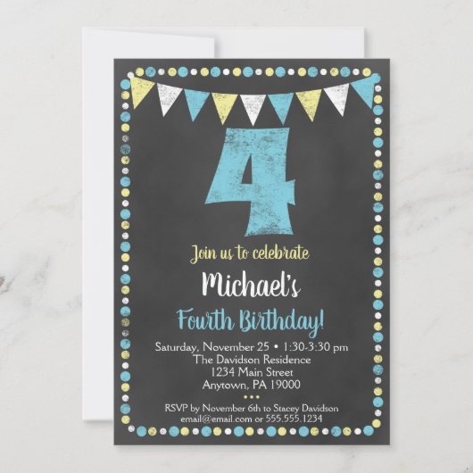 Blue Yellow Chalkboard 4th Birthday Invitation Kaart (Voorkant)
