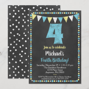Blue Yellow Chalkboard 4th Birthday Invitation Kaart