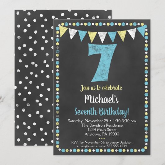 Blue Yellow Chalkboard 7th Birthday Invitation Kaart (Voorkant / Achterkant)
