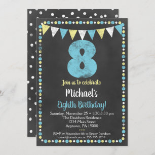 Blue Yellow Chalkboard 8th Birthday Invitation Kaart