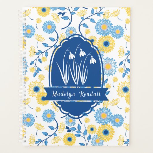 Blue & Yellow Laurentian Floral Custom Name Planner (Voorkant)