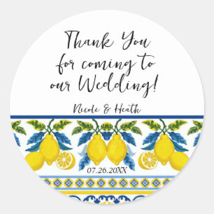 Blue Yellow Lemon Waterverf Mediterrane bruiloft Ronde Sticker