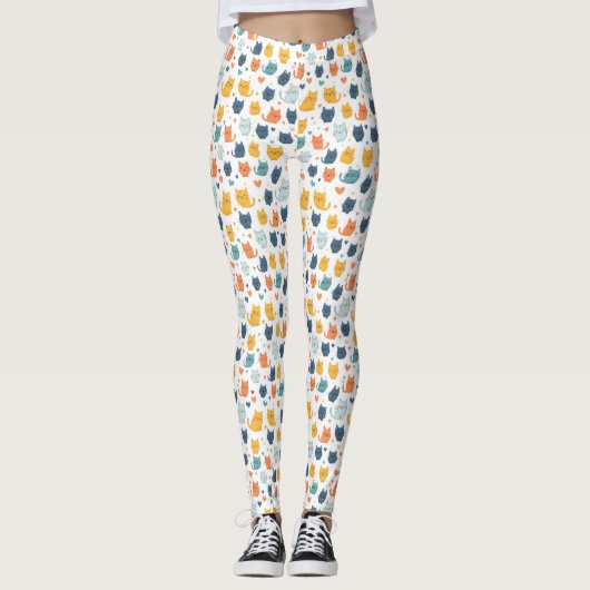 Blue Yellow Orange Kawaii Whimsical Cat Pattern Leggings (Voorkant)
