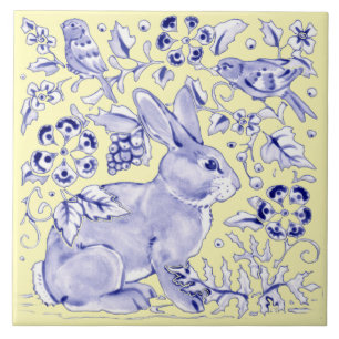 Blue Yellow Rabbit Bird Woodland Floral  Tegeltje