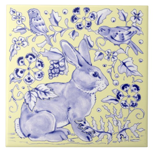 Blue Yellow Rabbit Bird Woodland Floral Tegeltje (Voorkant)