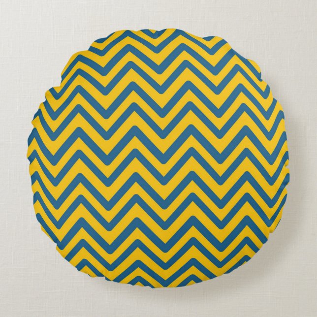 Blue Yellow  Retro Chevron Pattern Rond Kussen (Voorkant)