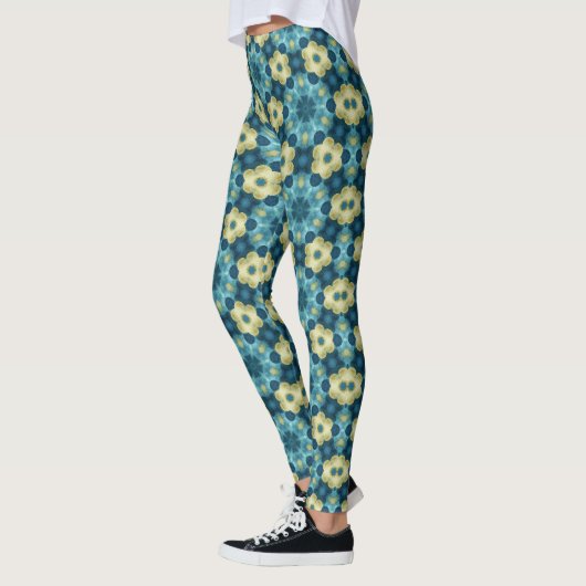 Blue & Yellow Retro Floral Pattern Leggings (Gauche)
