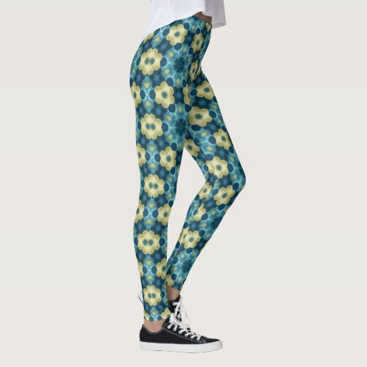 Blue & Yellow Retro Floral Pattern Leggings (Droite)
