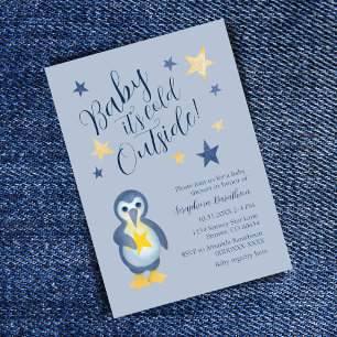 Blue Yellow Star Penguin Baby shower Kaart