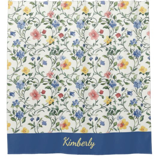 Blue Yellow Watercolor Wildflower Monogram Name Douchegordijn (Voorkant)