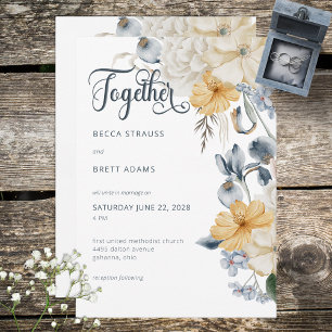 Blue Yellow & White Floral Wedding Invitation Kaart