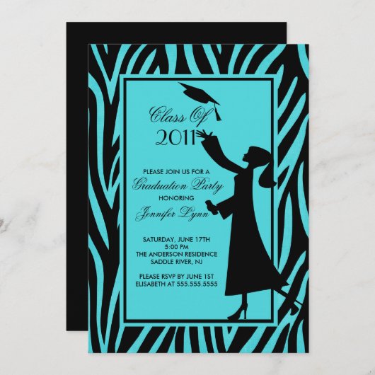 Blue Zebra Afstuderen Invitation Silhouette Afstud Kaart (Voorkant / Achterkant)