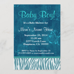 Blue Zebra and Butterflies Boy Baby shower Kaart