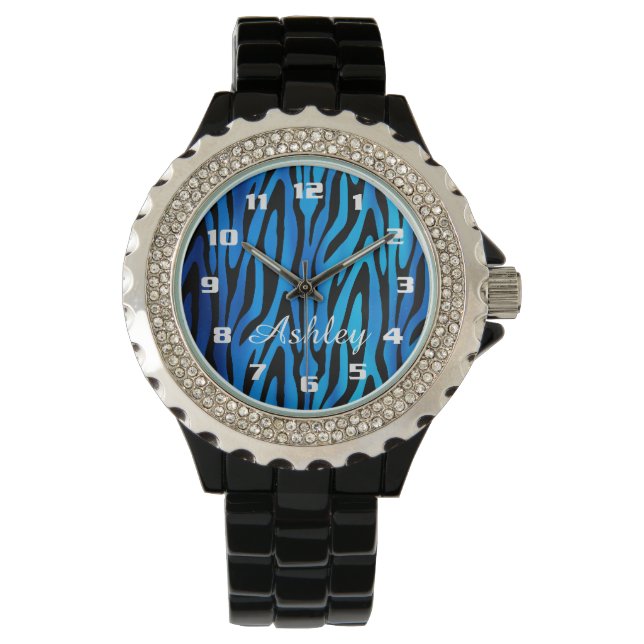 Blue Zebra Pattern Monogram Horloge (Voorkant)