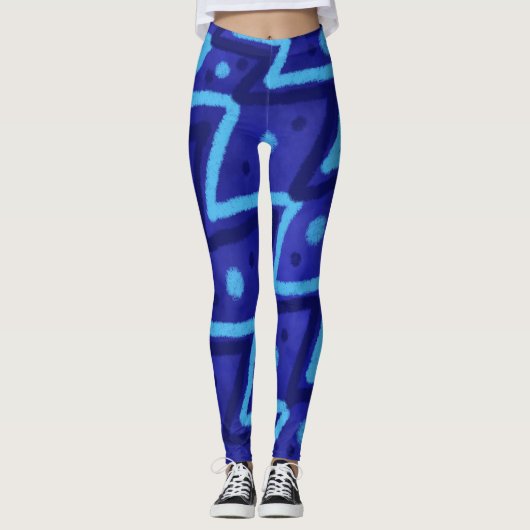 Blue Zig Zags Dots Funky Pattern  Leggings (Voorkant)