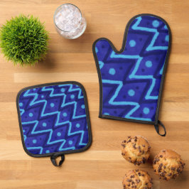 Blue Zig Zags Dots Funky Pattern Ovenwant & Pannenlap Set