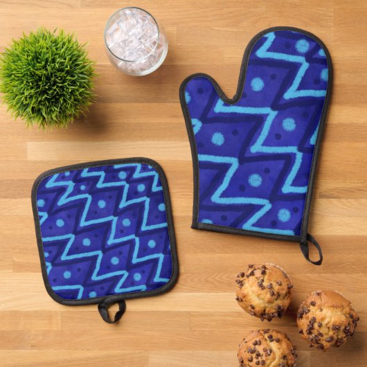 Blue Zig Zags Dots Funky Pattern  Ovenwant & Pannenlap Set (Top down)