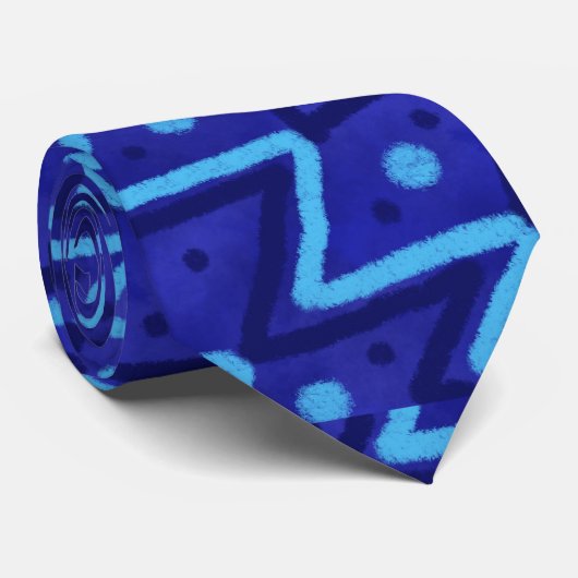 Blue Zig Zags Dots Funky Pattern  Stropdas (Opgerold)