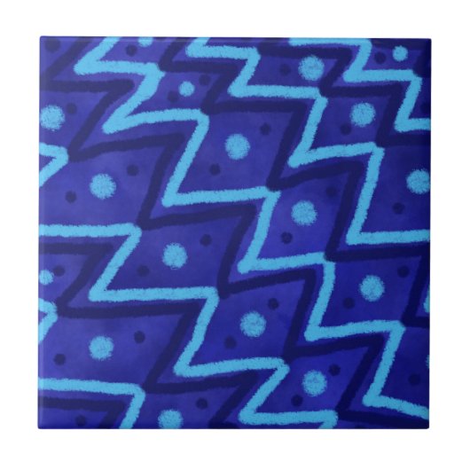 Blue Zig Zags Dots Funky Pattern Tegeltje (Voorkant)