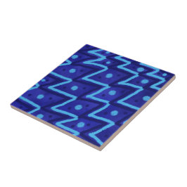 Blue Zig Zags Dots Funky Pattern Tegeltje