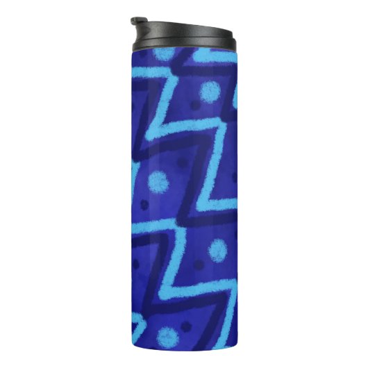 Blue Zig Zags Dots Funky Pattern Thermosbeker (Geroteerd rechts)