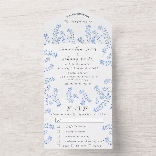 Bluebells Blauw Bloemen Waterverf Natuur Bruiloft All In One Uitnodiging (Binnen)