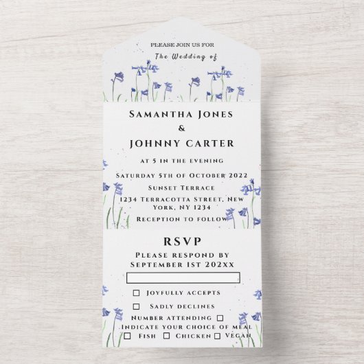 Bluebells Waterverf Blauw Bloemen RSVP Bruiloft All In One Uitnodiging (Binnen)