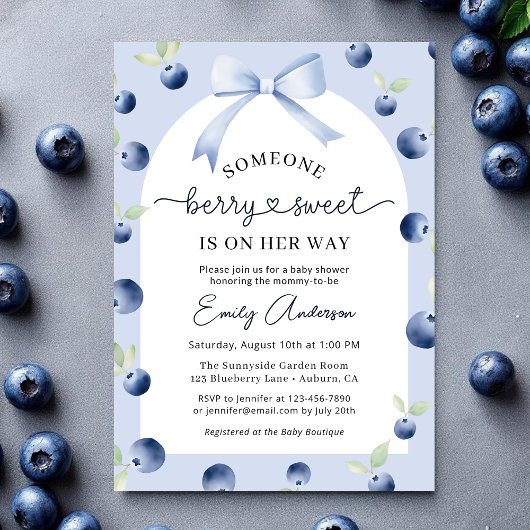 Blueberry Berry Sweet Girl Bow Baby shower Kaart