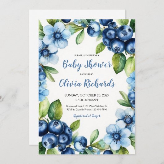 Blueberry & Blue Flowers Baby shower uitnodiging (Voorkant / Achterkant)