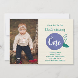 Blueberry First Birthday Photo Invitation Kaart