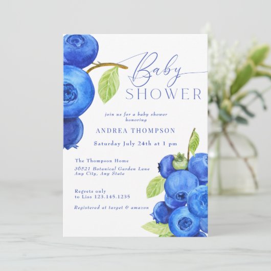 Blueberry | Invitations modernes de douche bébé (Debout devant)