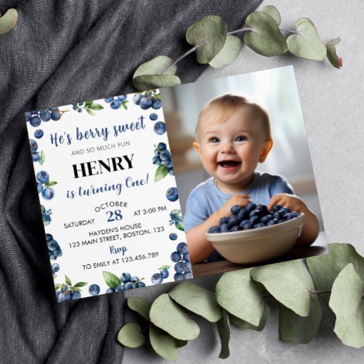 Blueberry Sweet First Birthday Photo Invitation