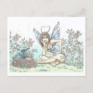 Bluebird Bath Fairy Illustratie Art Print Briefkaart