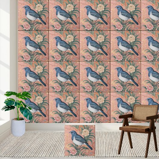 Bluebird Chinoiserie Motif Floral Carreau