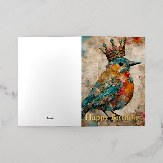 Bluebird in een kroon Mixed Media Collage Verjaard Folie Wenskaart (Buiten Laag)