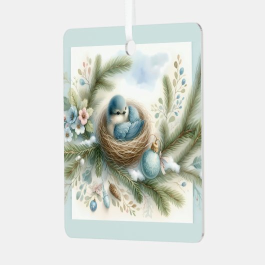 Bluebird Nest met Ornamenten in Winter Pines (Voorkant links)